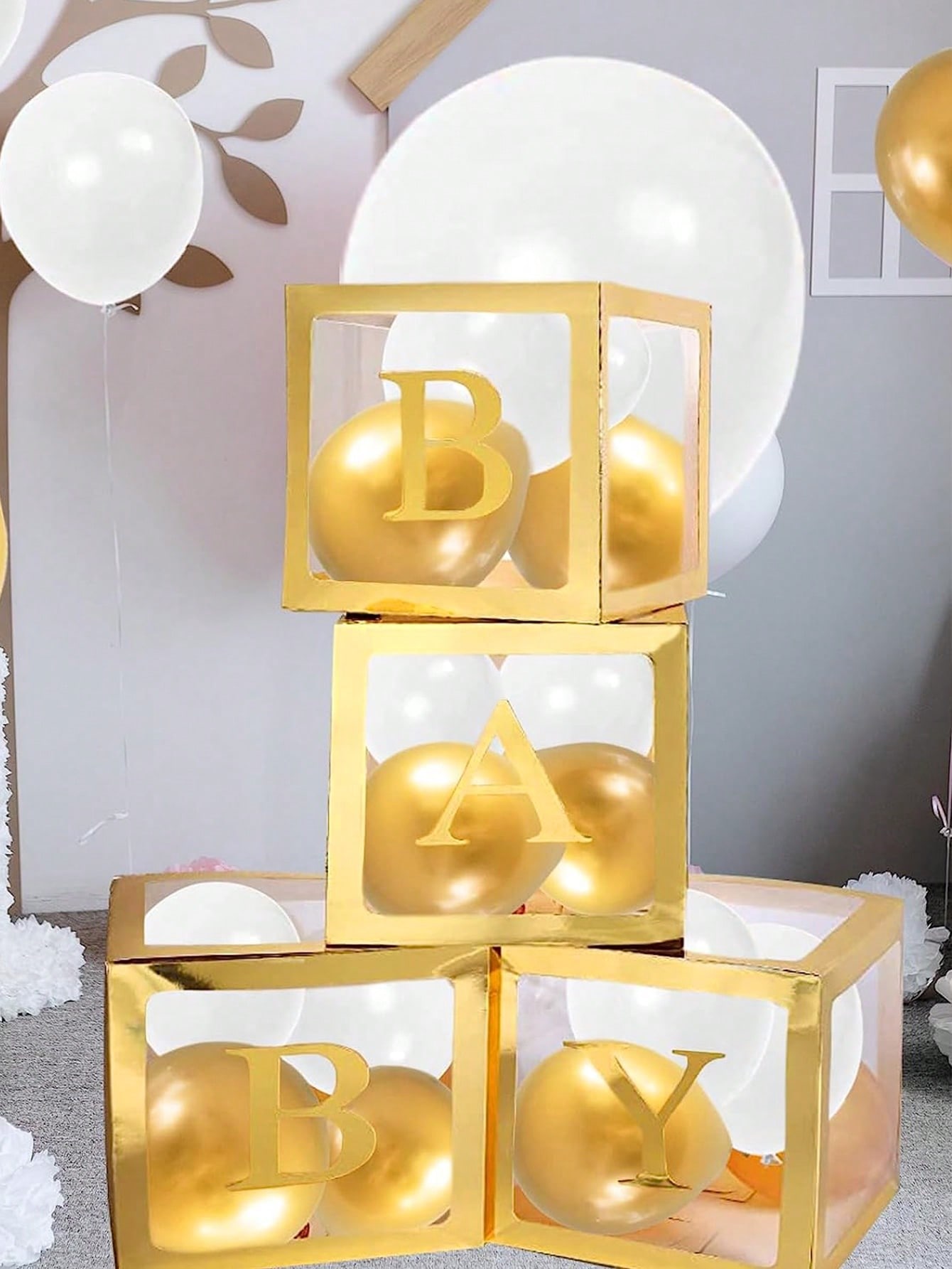 4 babybokser med babyshowerpost, babyshowerpynt for gutter eller jenter, gjennomsiktige ballongbokser, bursdagsfest (uten ballonger)