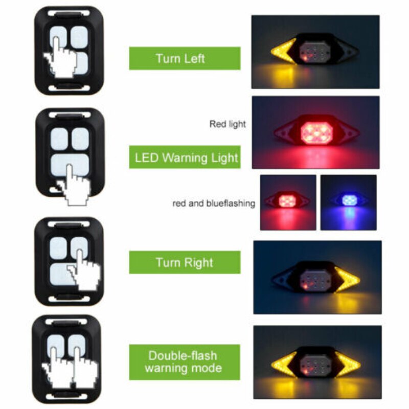 LED Bicycle Indicator Bicycle Rear Tail Light Bike Turn Signal Light USB Rechargeable Safety Warning Light Remote Control