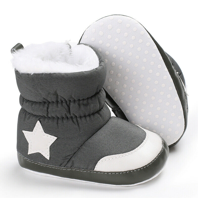 Brand Unisex Kids Winter Shoes Newborn Baby Girls Boy Boots Infant Toddler Star Printed Snowfield Warm Fur Snow Boots 0-18Months: Gray / 13-18 Months