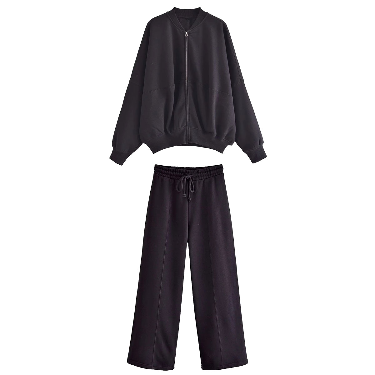 HH otoño mujer Casual sólido traje deportivo manga larga cremallera chaqueta Bomber abrigo + pantalones sueltos de cintura elástica conjuntos de pantalones: L / Caqui