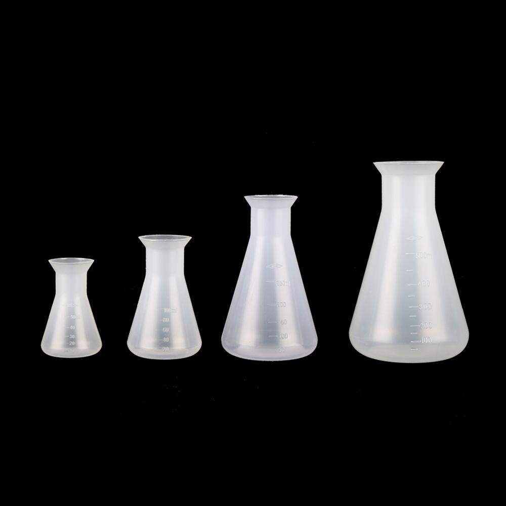 Plast erlenmeyer kolbe smal hals konisk trekant kolbe kjemi laboratorie analyse instrument 50/100/250/500ml