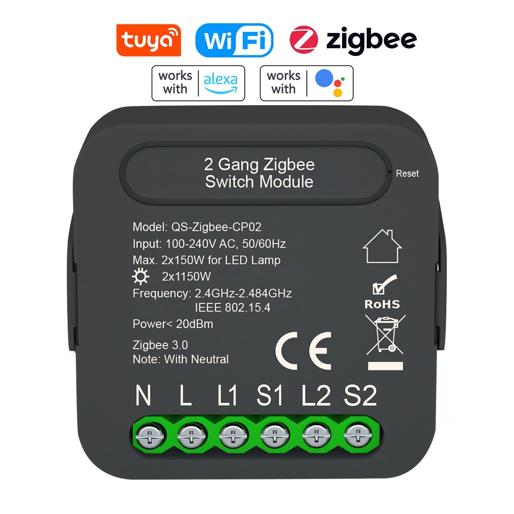 Tuya ZigBee Intelligent Switch Module Intelligent Home Electrical Appliance Conversion Module 2 Gang Lighting Switch Module