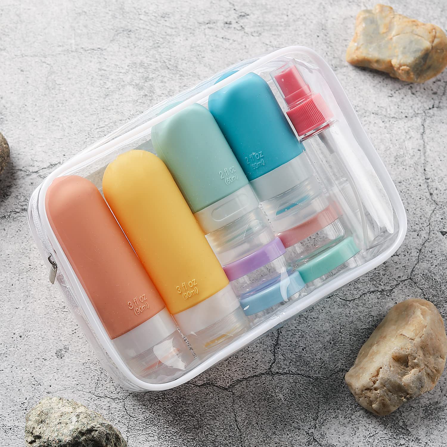 16tlg Reiseflaschen einstellen - Auslaufsichere Silikonbehälter - Nachfüllbar für Toilettenartikel, Shampoo, Lotion