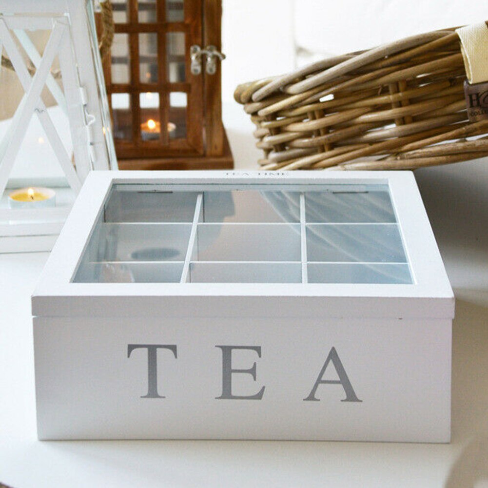 Portable Bamboo Tea Box With Lid 9-Compartment Coffee Tea Bag Storage Holder For Kitchen Cabinets Organizer