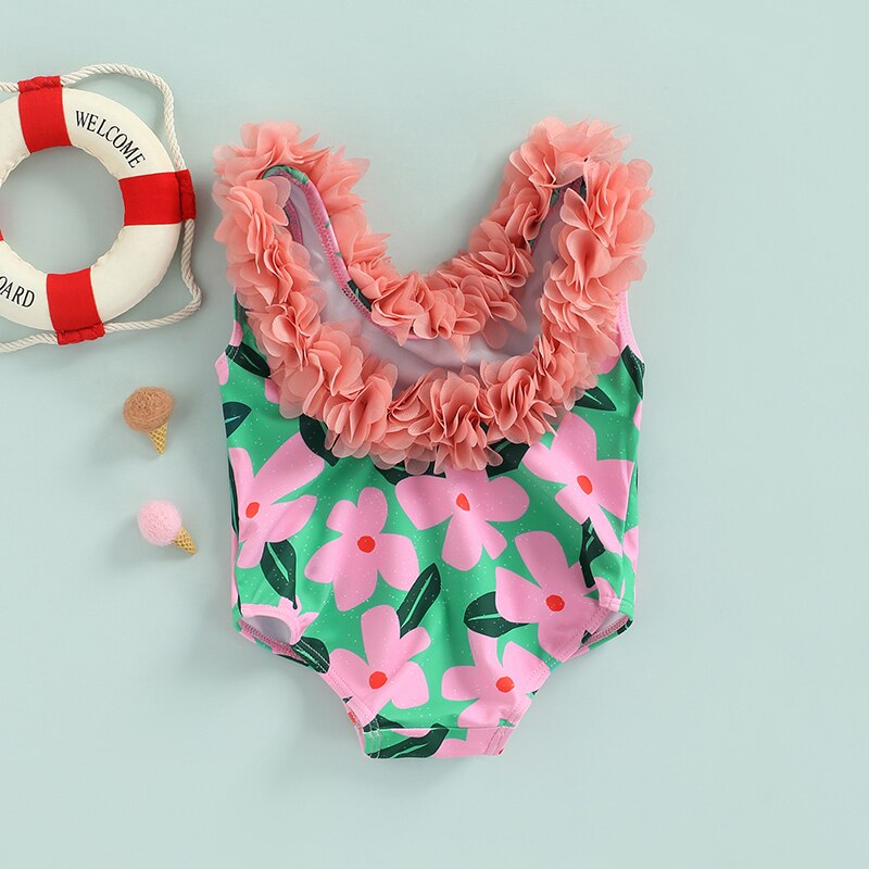 Lovely Toddler Kid Girls Flower Swimsuit Petals Decoration Floral Printed Monokini Swimwear Little Girl's Sweet Bathing Suit