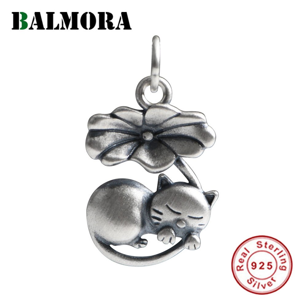Balmora 925 Sterling Zilver Leuke 3D Lotusblad Kat Hanger Voor Vrouwen Mannen Vintage Slaap Animal Hanger Sieraden Zonder keten