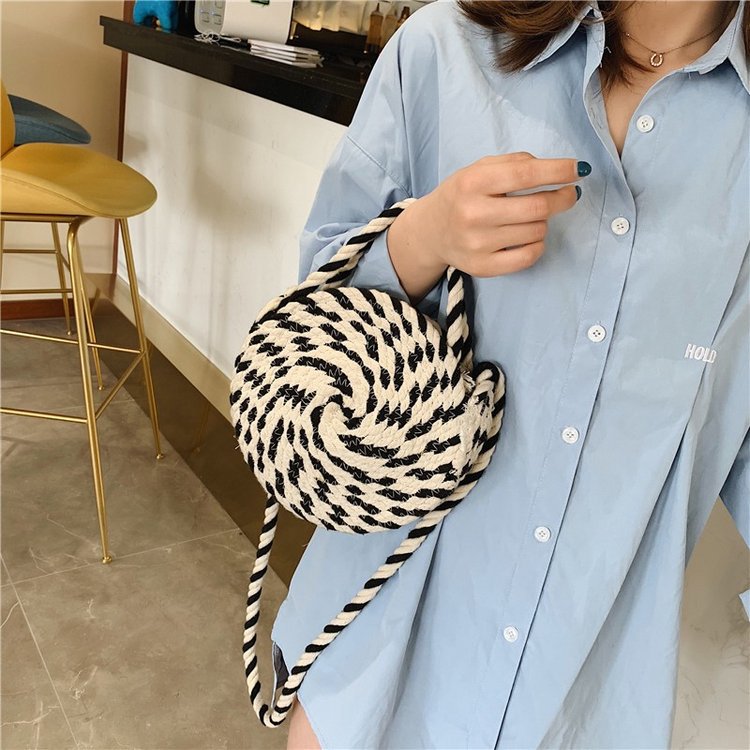 Ljt persoonlijkheid zwart-wit geweven kleine ronde tas zomer casual messenger schoudertas strand handtassen tote: Default Title