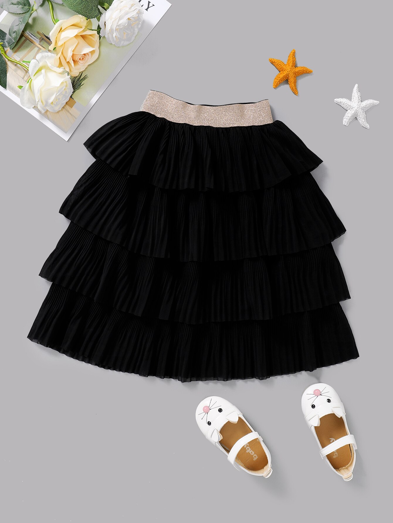 Falda en capas de Color negro para niñas pequeñas, cintura elástica con dobladillo plisado, parte inferior para primavera y otoño de 18 meses a 6 años