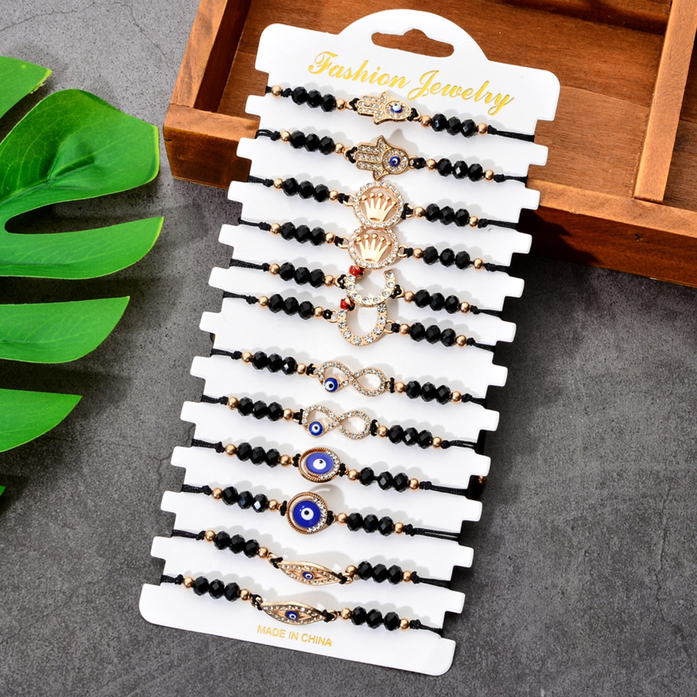 12pcs/lot Handmade Woven Rope Chain Bracelet Set Alloy Crown Charms Crystal Beads Bracelets for Women Infinity Love Jewelry