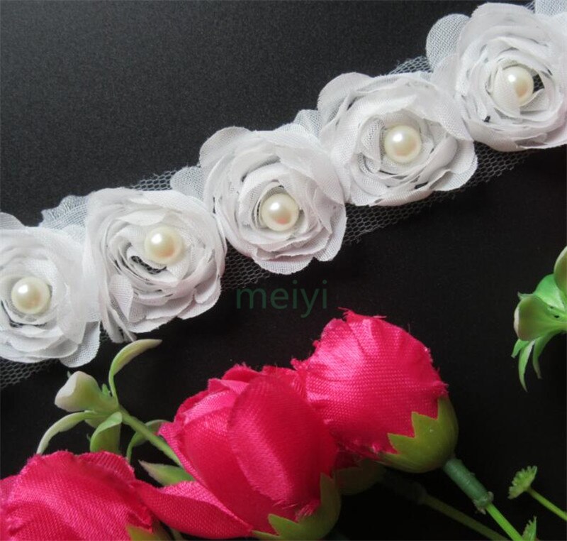Oplosbare Chiffon Rose Bloem Parel Geborduurde Stof Kant Trim Lint Handgemaakte DIY Naaibenodigdheden Ambachtelijke Voor Kostuum Decoratie: WHITE