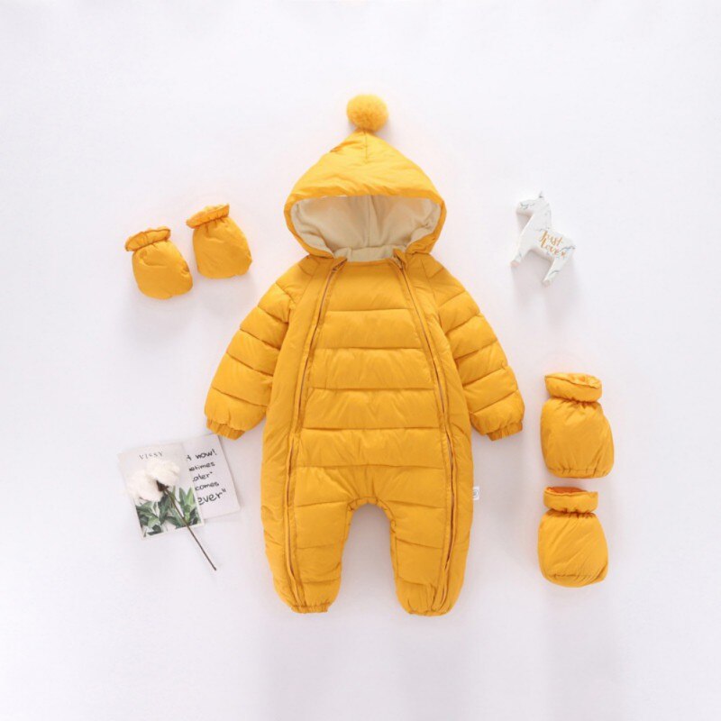 Piumino invernale con cerniera pagliaccetto ispessito per neonato invernale per ragazze ragazzi pompon tuta con cappuccio + guanti + calzino 0-24M: Y / 24M