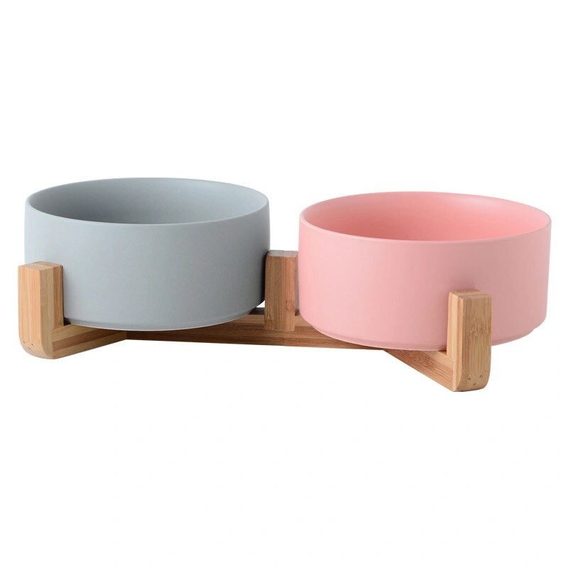 Ceramic Cat Dog Bowl Dish with Wood Stand No Spill... – Vicedeal
