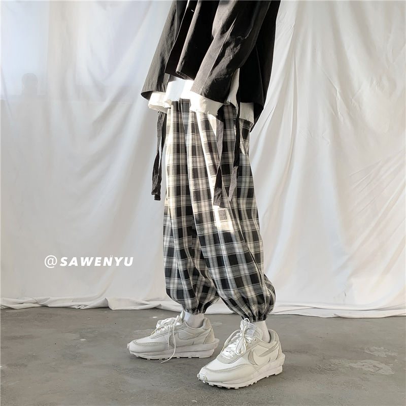 Herfst koreaanse geruite broek heren retro trekkoord casual broek heren streetwear losse hiphop rechte broek heren broeken