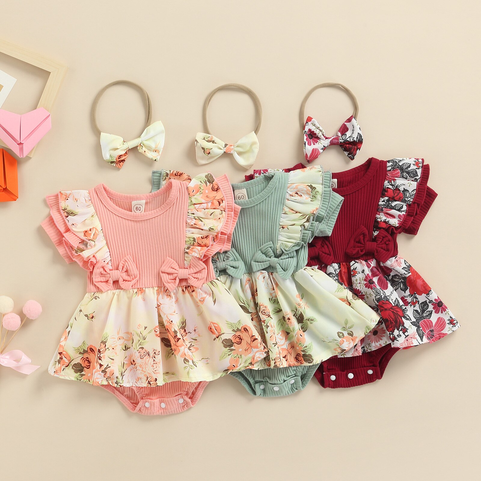 Ensemble 3 pièces pour bébés filles, vêtements imprimés floraux, en coton tricoté, manches courtes, bretelles, bandeau, tenue