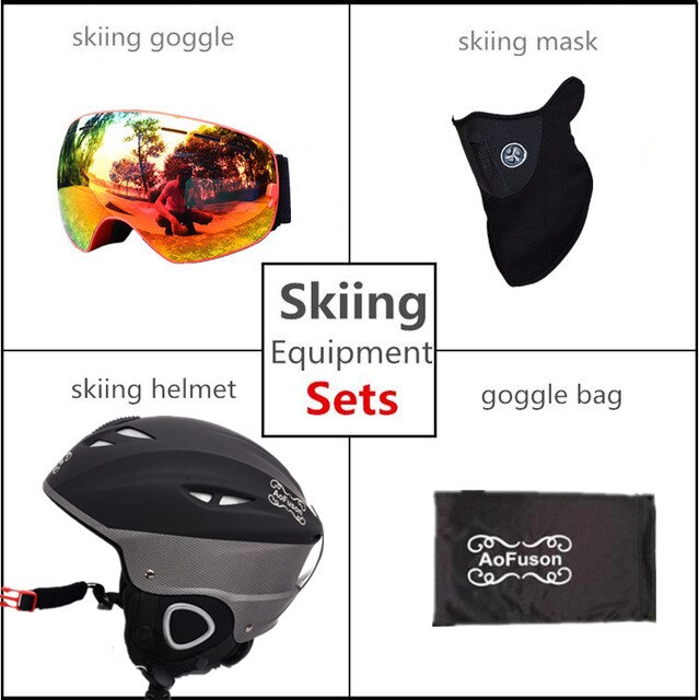 Skihelm bril dubbele lagen anti-condens groot zicht snowboard bril dames heren winter warme sporthelm ski-uitrusting set: Rood