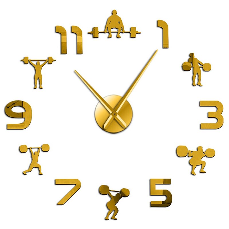 Large DIY Wall Clock Wall Watch Mirror Effect Powerlifting Frameless Wall Clock Weightlifting Fitnes Room Wall Decor: Gold