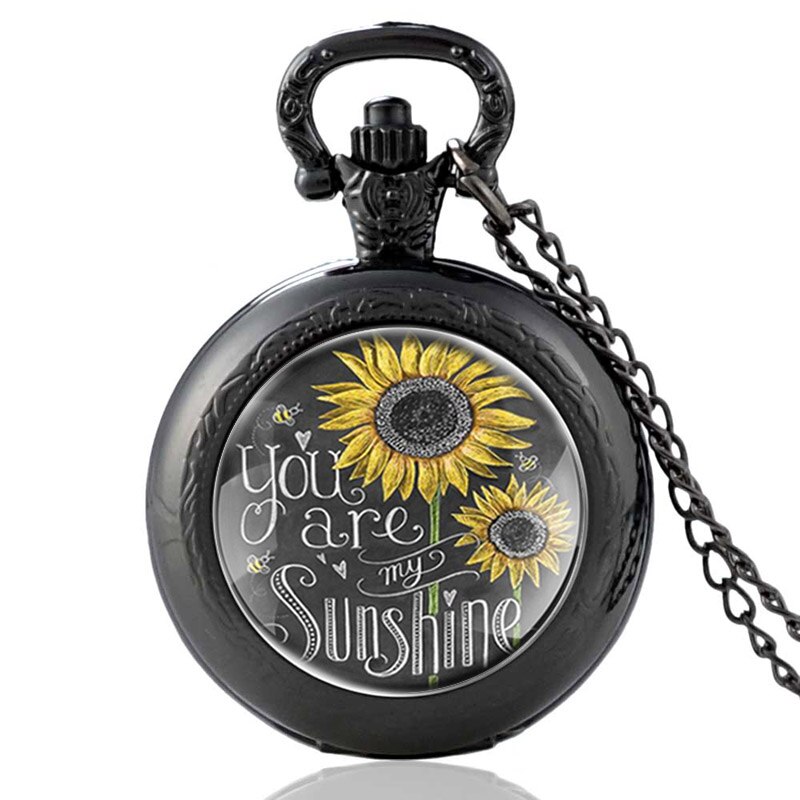 Zonnebloem, jij bent mijn zonneschijn, glazen cabochon, kwarts, zakhorloge, vintage heren, dames, hanger, ketting, klok: Zwart