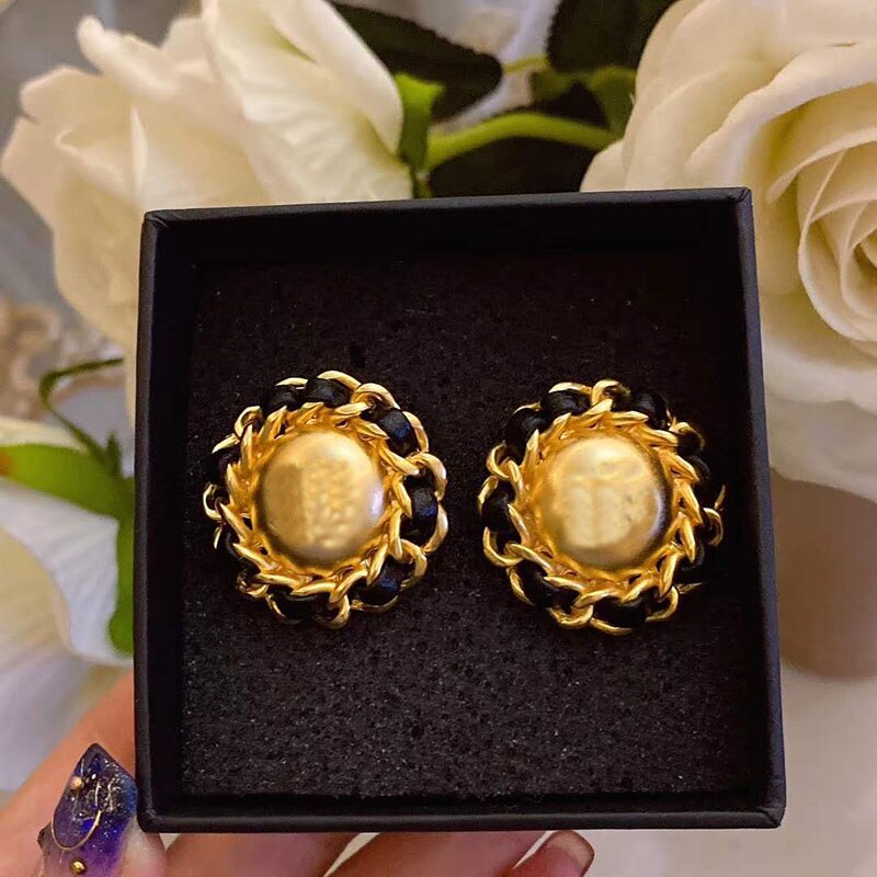 Japan Vintage Round Stone Big Stud Earrings For Women Temperament Simulated Pearl Brinco