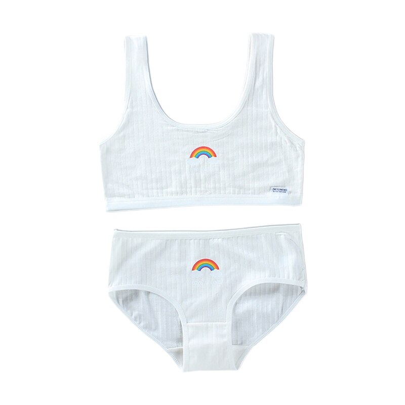 C9GB Teenage Young Girls 2Pcs Underwear Set Rainbow Bridge Print Cotton Training Bra Vest Top and Panties Sports Bralette: White