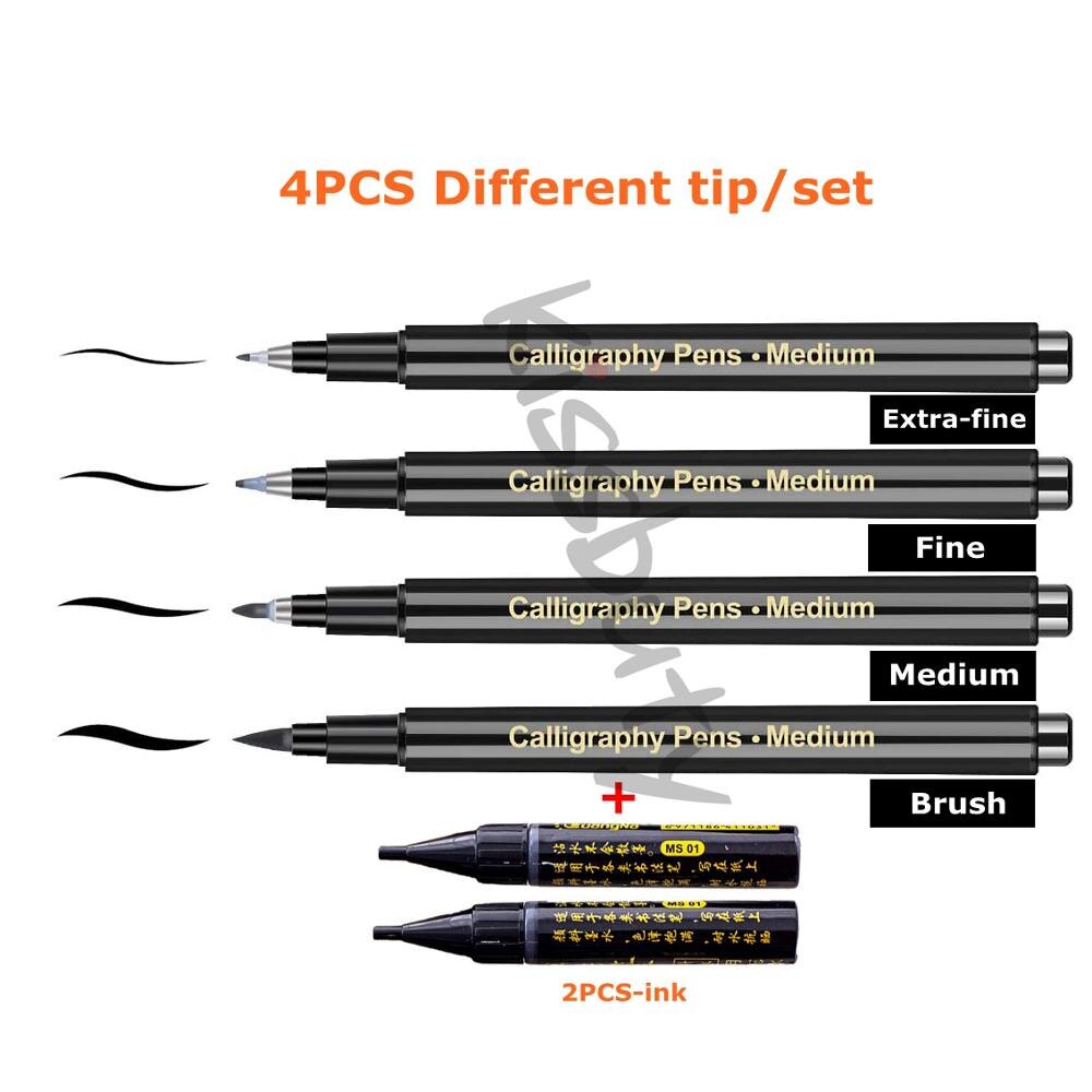 4/6 Stks/set Kalligrafie Pen Brush Pennen Hand Belettering Pennen Extra Fijne Borstel Art Marker Schrijven Tekening Schoolbenodigdheden briefpapier: 4 tips mix set-6pcs