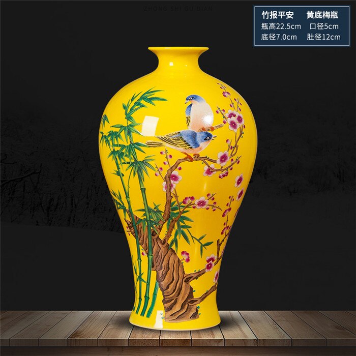 Jingdezhen ceramic yellow vase decoration Chinese classical living room TV cabinet home decoration flower arranging vase: h