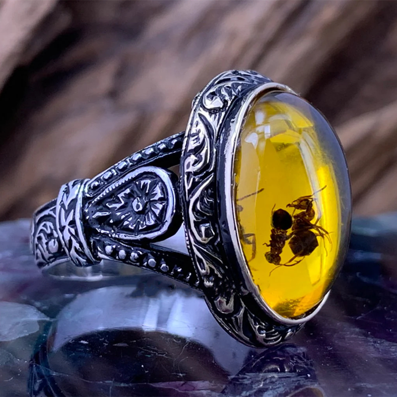 Vintage Grote Ovale Natuurlijke Agaat Ringen Heren Vintage Ingelegd Geel Amber Mier Ringen Voor Bruiloft Sieraden
