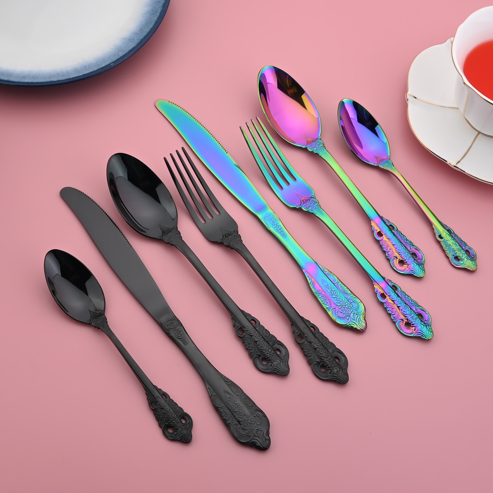 24Pcs Dinnerware Set Knives Fork Tea Spoon Dinner Tableware 304 Stainless Steel Purple Cutlery Set Kitchen Flatware Silverware