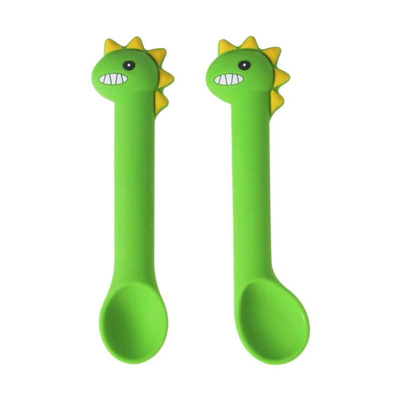 2 uds. De cuchara de alimentación de bebé, sin BPA, utensilios de silicona con bonitos dibujos animados de dinosaurios, vajilla de entrenamiento de aprendizaje infantil: green