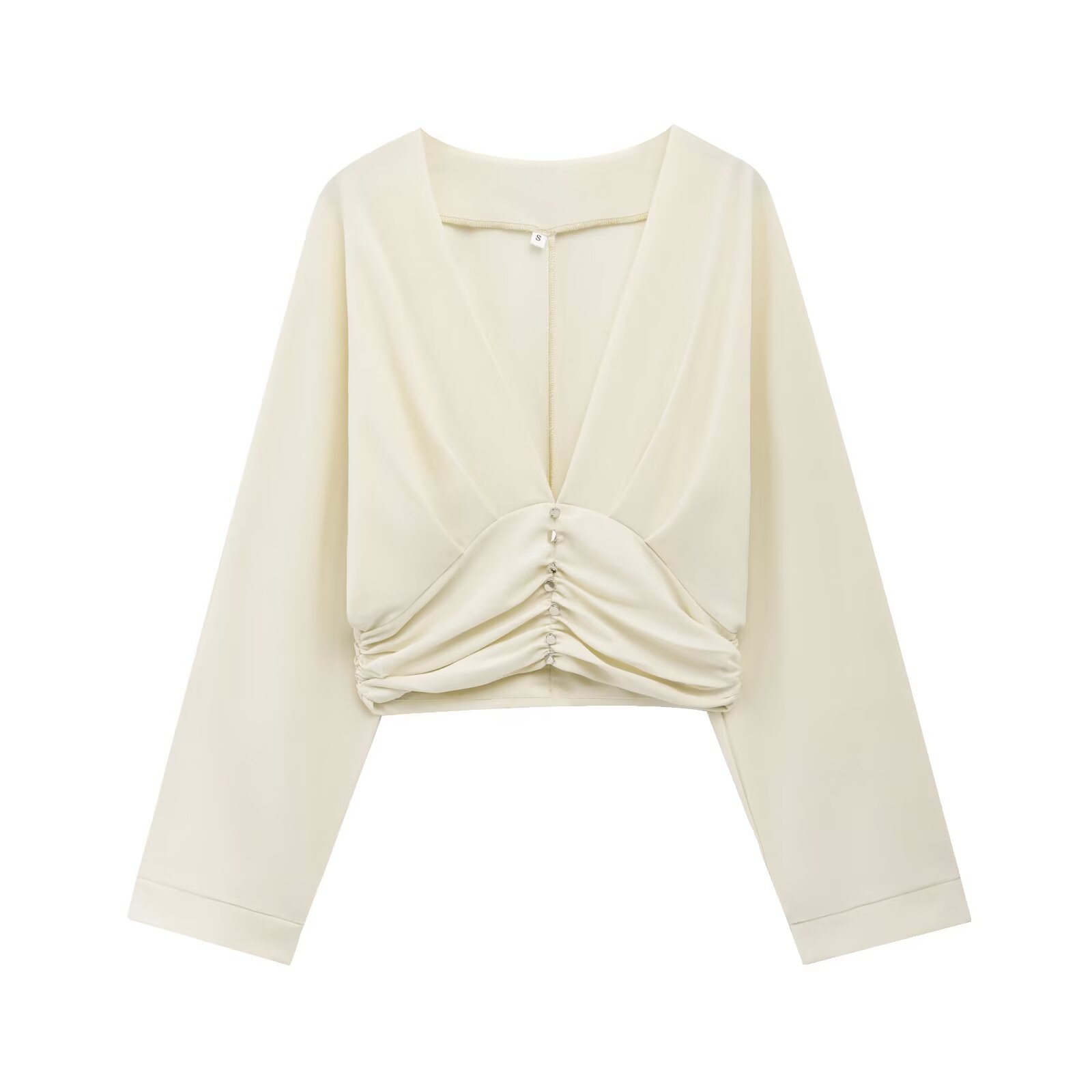 Boutique mode dames casual gevoel Europese en Amerikaanse golfstijl brede swing geplooide top met V-hals: S / Beige