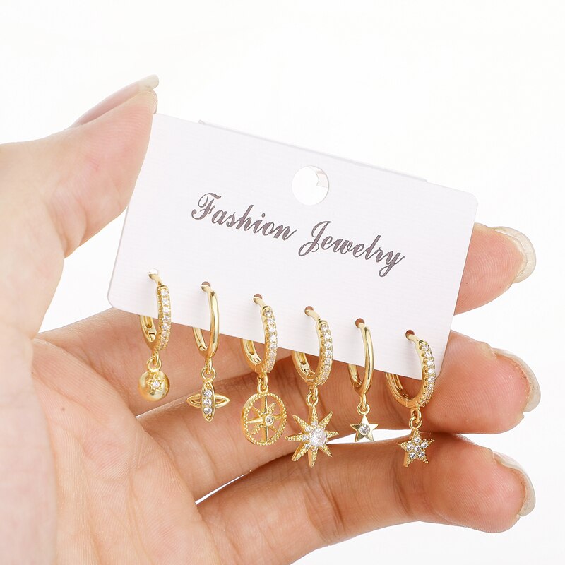 Personality Charms Star Small Hoop Earrings Sets Cz Crystal Sets Earrings For Women Korean Accessories