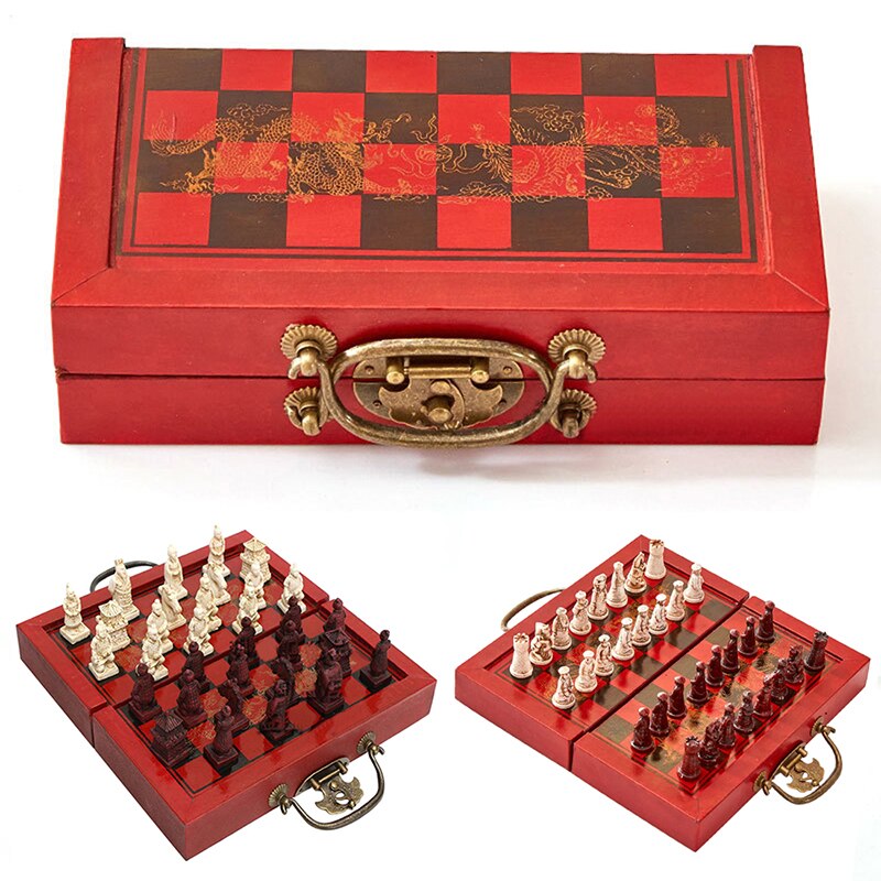 Chess Antique Three-dimensional Chess Resin Piece Small Folding Chess Board Set Travel Entertainment Parent-child