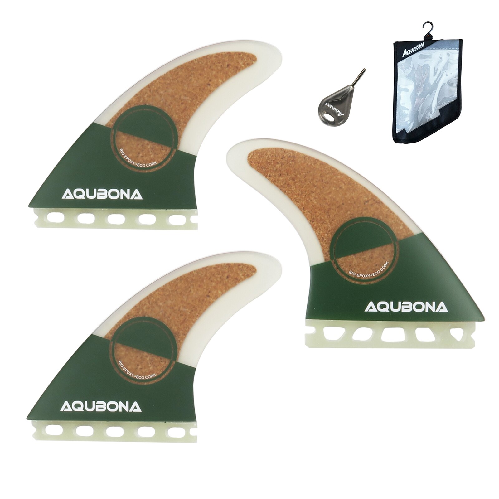 Aletas de fibra de vidrio para tabla de surf, doble pestaña, con bolsa de aleta, llave de aleta (Juegos pequeños, medianos, grandes): green-key-bag