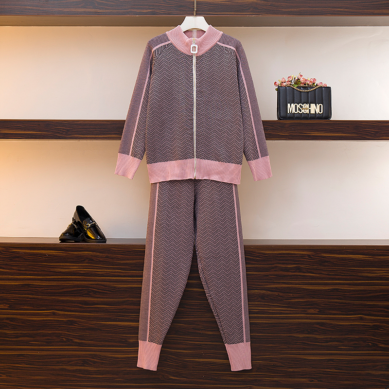 Autumn Women Geometric Knitting Tracksuit Zipper Cardigans jacket+ Pants Female Winter 2pcs Sports Set: Photo Color