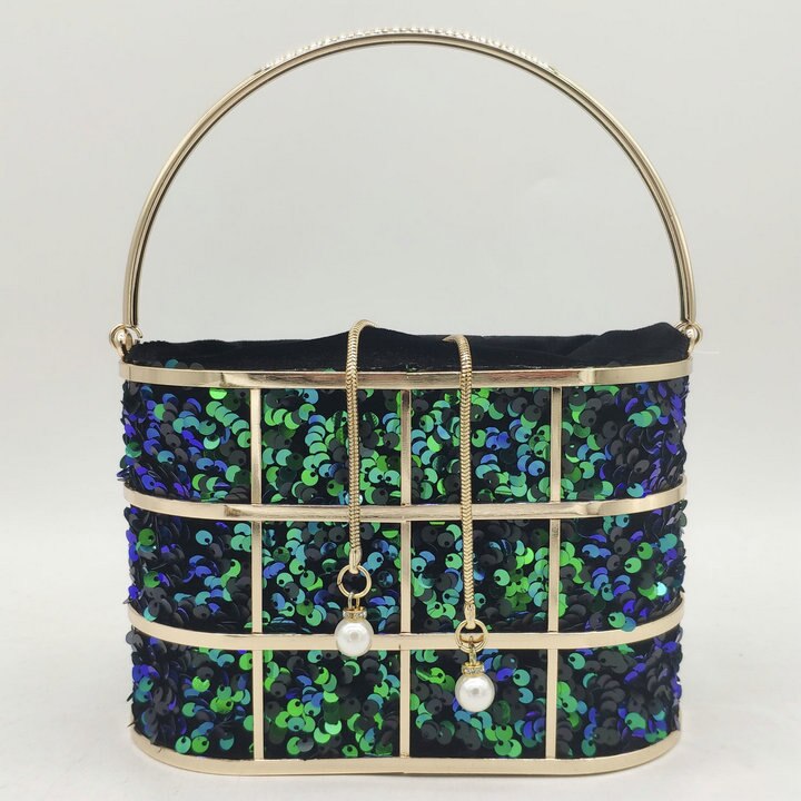 Boutique De Fgg Bling Lovertjes Vrouwen Metalen Emmer Clutch Handtassen Chain Schouder Crossbody Tassen Party Cocktail Avond Purse Bag: MIL1290-GRE