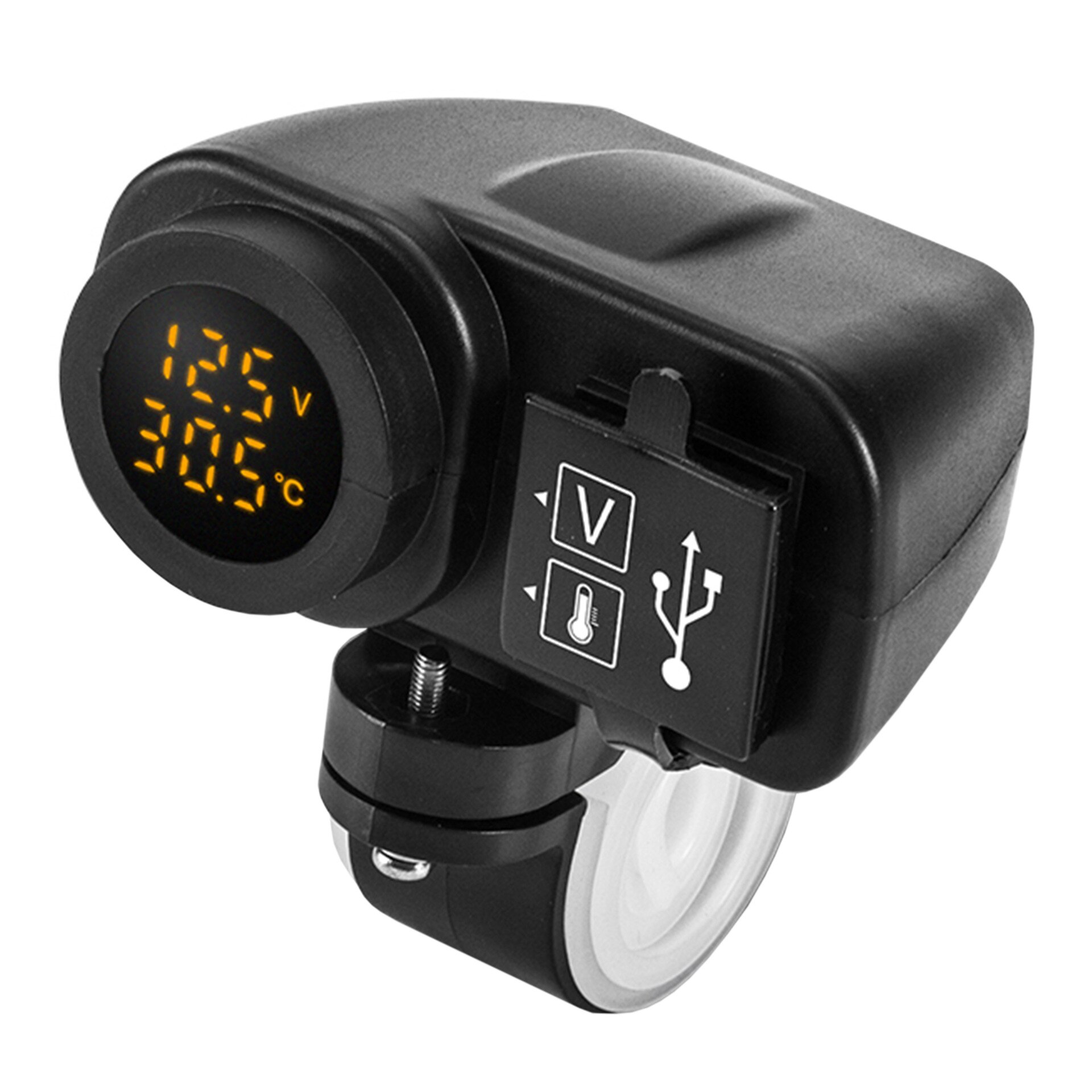 Chargeur usb double étanche pour moto 5v en 4.2a et voltmètre avec affichage de la tension et de la température pour montage sur guidon 7/8 et 1 "