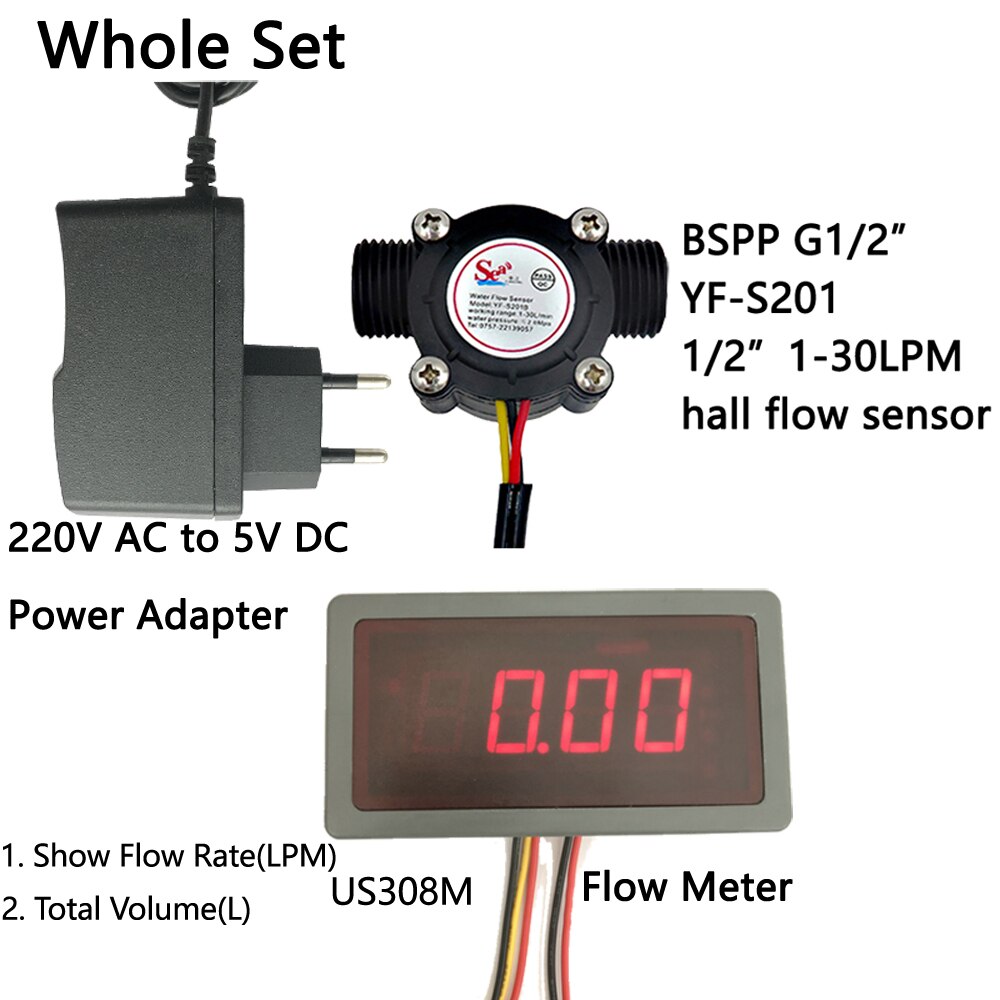 US308M Digital Flow Meter and YF-S201 Electronic Flowmeter Flow Rate Display Frequency Counter iSentrol