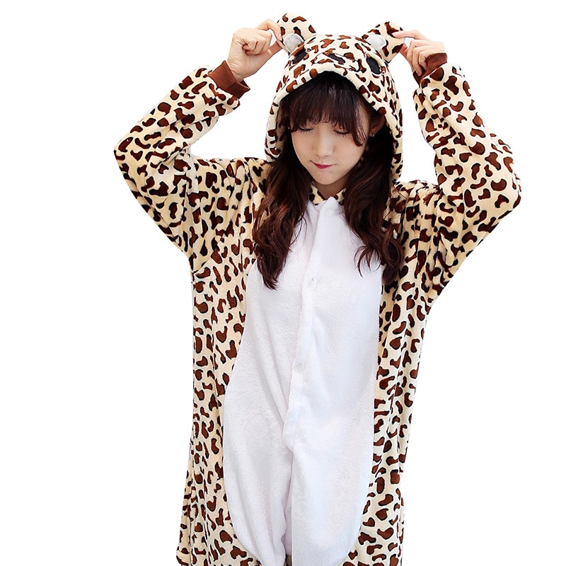 Halloween Erwachsene Leopard Bär Kigurumi Cosplay Kostüm Flanell Weibliche Outfit Overalls Bodys Frauen Onesie Hoodie Pyjamas