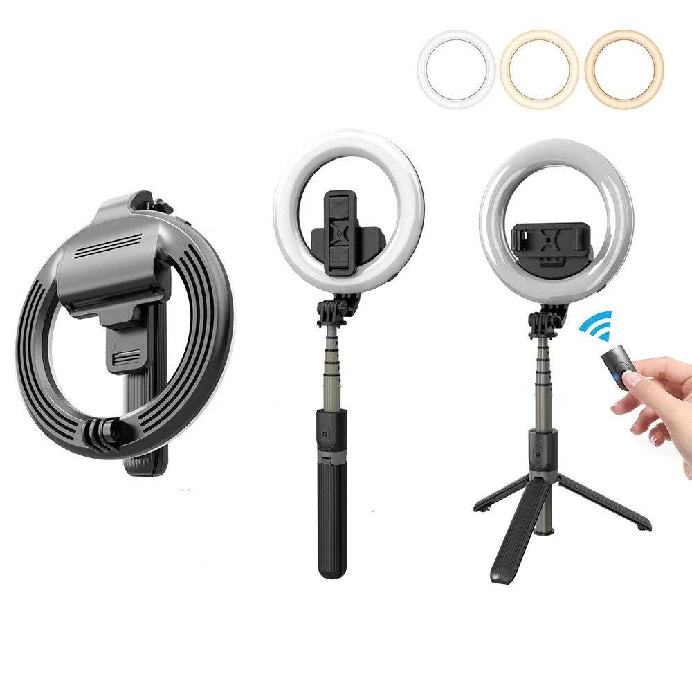 Selfie Stick Tripod - 90cm Extendable - Bluetooth Remote - 5in LED Ring Light - Aluminum & PC
