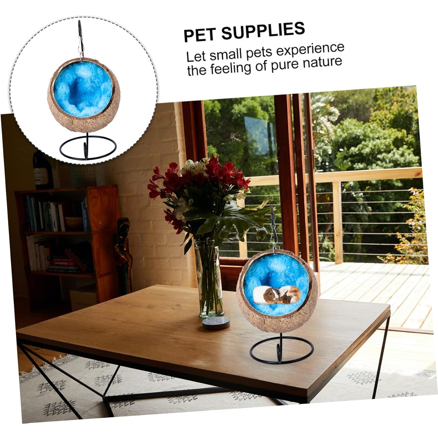 Hamaca colgante para hámster, cama nido de cáscara de coco para mascotas con soporte, jaula, accesorios para mascotas pequeñas, oso dorado, planeador de azúcar, ardilla