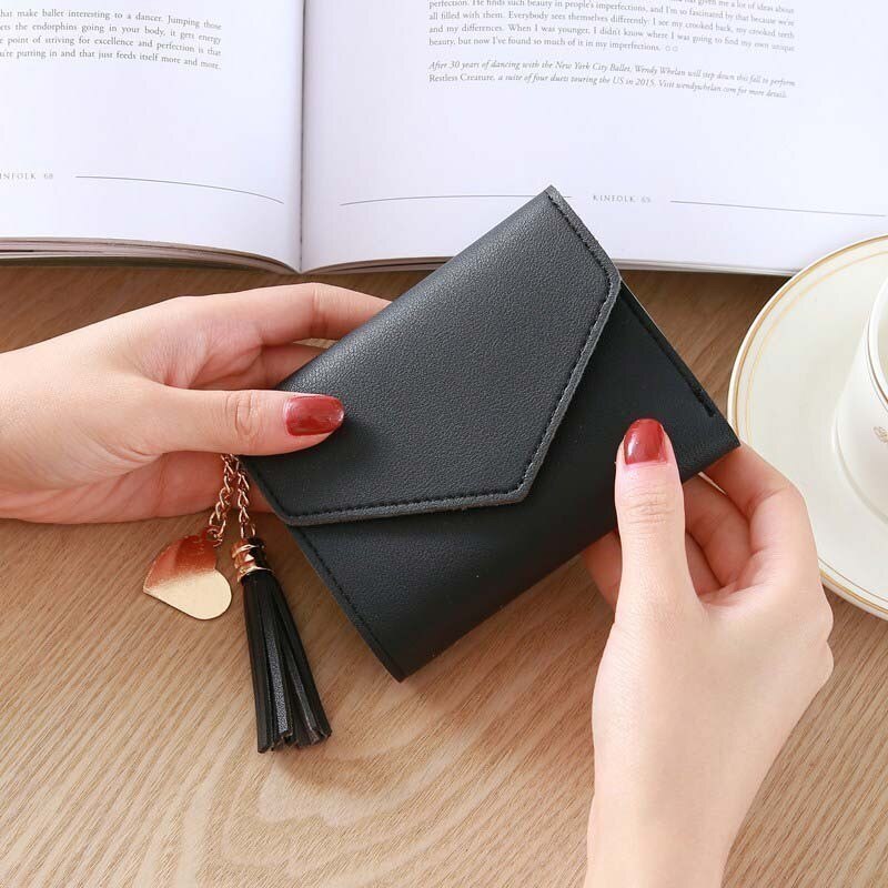 Herald Women Long Wallet with Tassel Leather Cluths Multi-function Ladies' Card Holder Female Coin Purse Wallet: Black