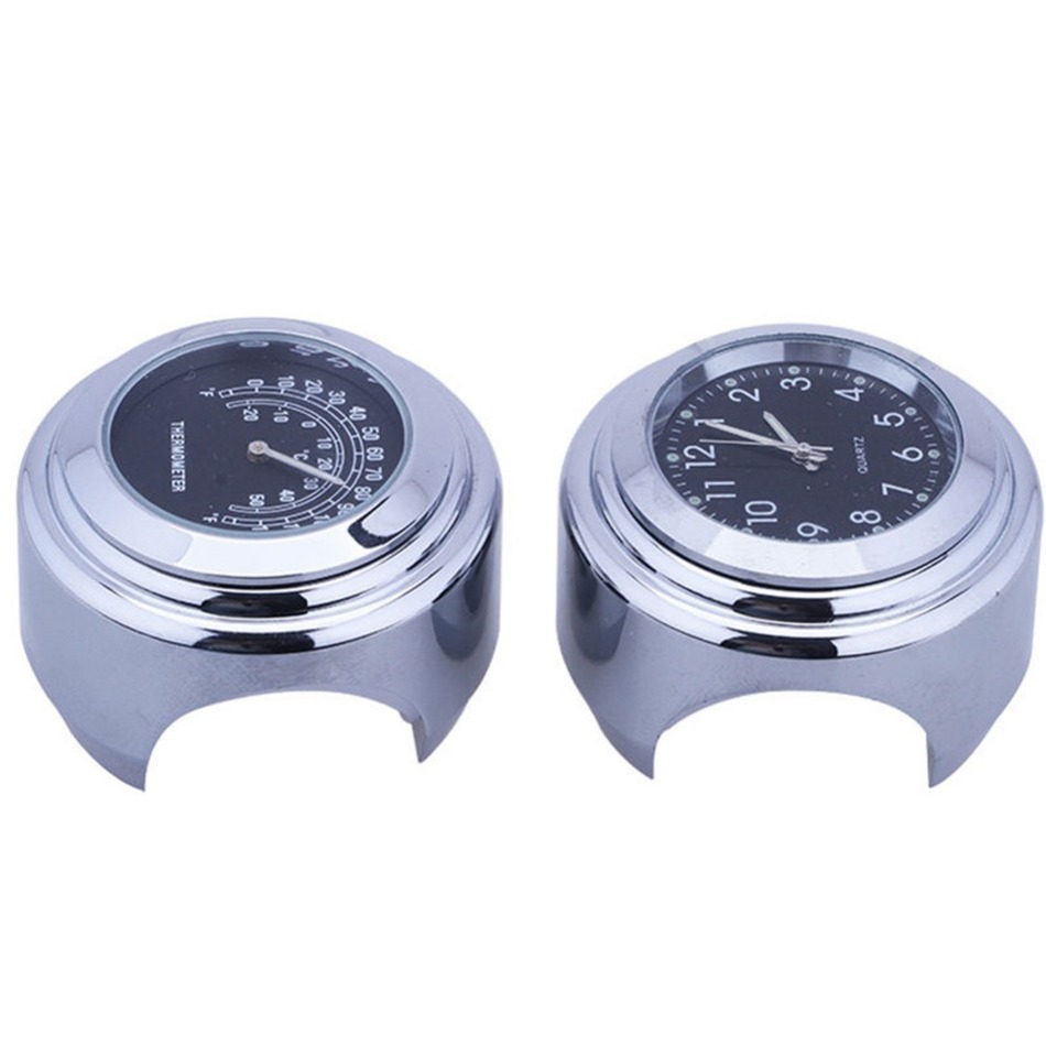 1 Pair Waterproof 7/8 Motorcycle Handlebar Black Dial Clock Temp Thermometer For Universal