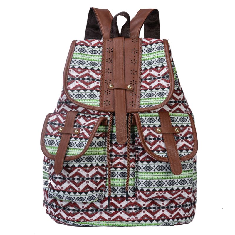 Vintage Print Canvas Ethnic Backpack for Women Girls School Drawstring Bohemia Travel Rucksack: 3TT903793-1