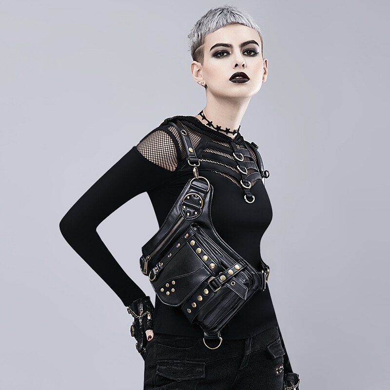 YoReAi Women Waist Bag Retro Gothic Fanny Packs Motorcycle Hip Leg Pack Steam Punk Holster Men PU Leather Crossbody Bags