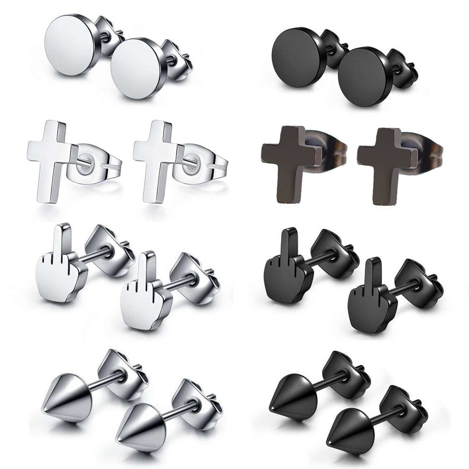 2 par punk rostfritt stål 20g silver svarta långfinger/kors/spike/runda platta öronproppar örhängen dam örhängen set