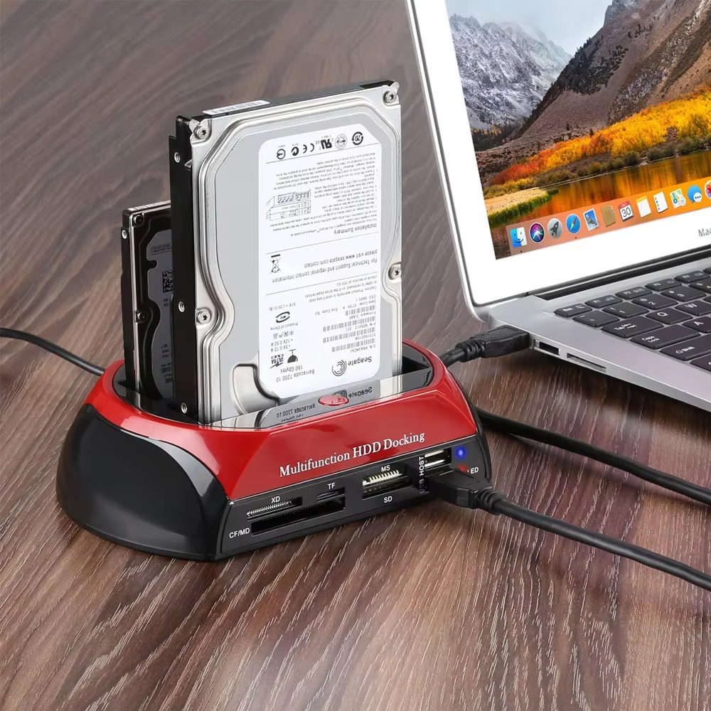 10 IN 1 Dual-bay harde schijf USB3.0 5Gbps HDD-dockingstation met 12V 3A voedingsadapter voor 2,5/3,5 inch HDD/SSD TF-kaart