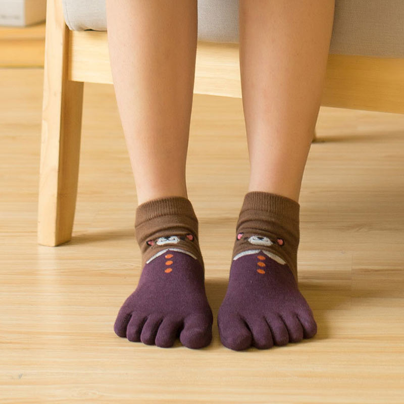 1 Paar Vrouwen Meisjes Zachte Cartoon Kat Sokken Vijf Vinger Tenen Katoen Herfst Winter Warme Sokken N66