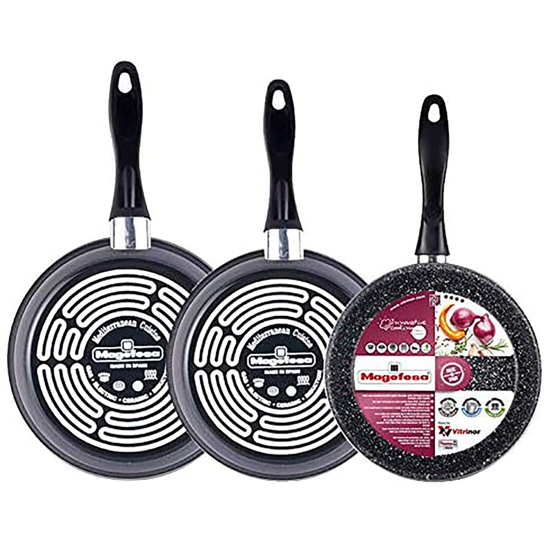 Magefesa Gransasso Juego 3 Sartenes 24-26-28cm, Inducción, Antiadherente PIEDRA libre de PFOA, Acero Vitrificado Gris
