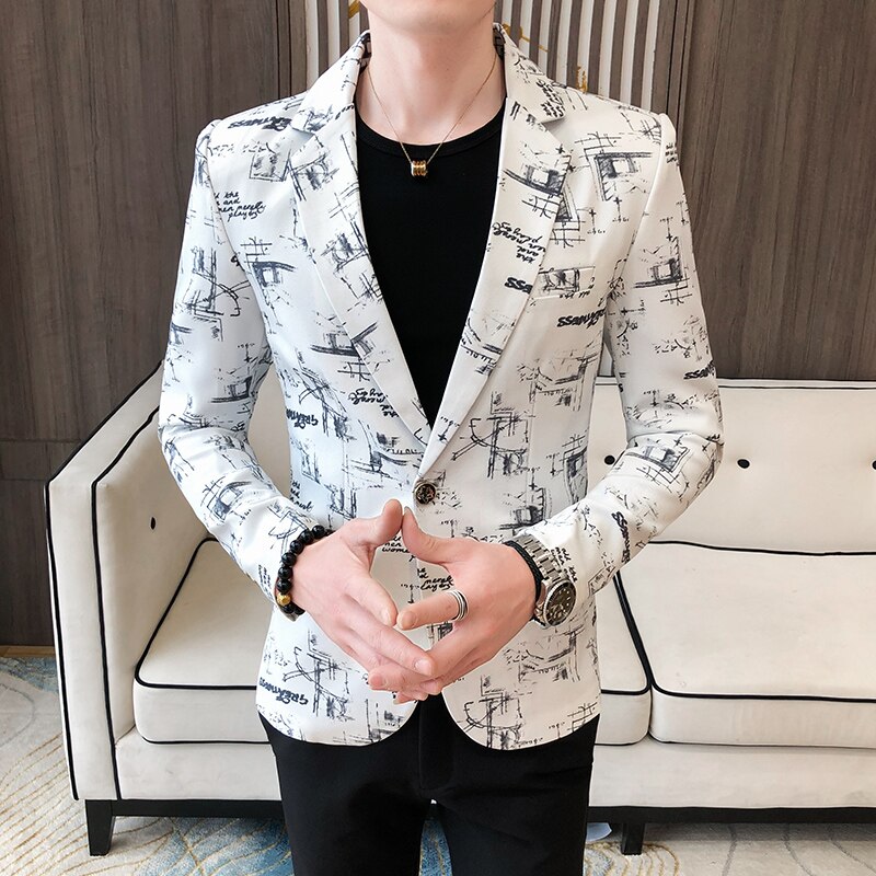 Lente koreaanse jas heren blazer print zakelijke jurk casual slim fit kostuum jas podium heren bruiloft blazer jas: Wit / Koreaans l