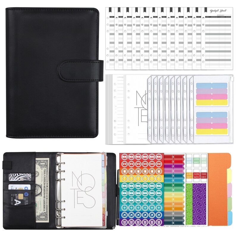 A6 Lederen Bindmiddel Planner Set Met Bindmiddel Zakken Budget Lakens Index Labels: black