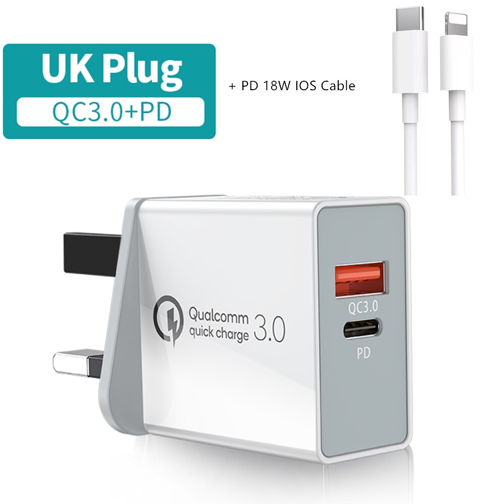 PD 18W USB Typ C handy schnelle Ladegerät Stecker QC 3,0 für iPhone11 Android Ipad Xiaomi Samsung laptop schnell Lade Stecker: UK W with ios Cable